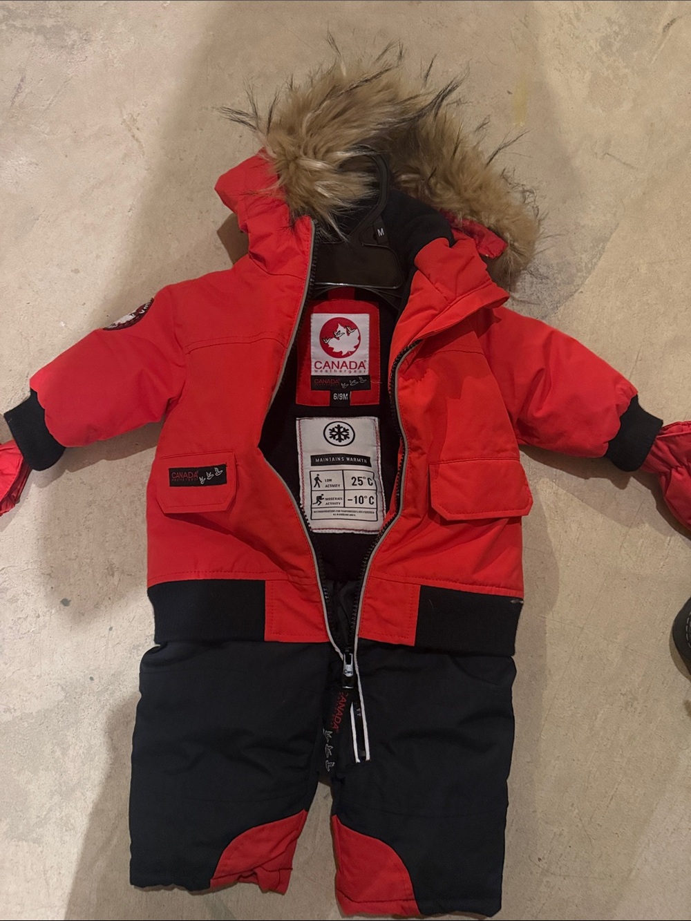 Canada Goose Red and Black Infant Winter Snowsuit with Fur-Trim Hood